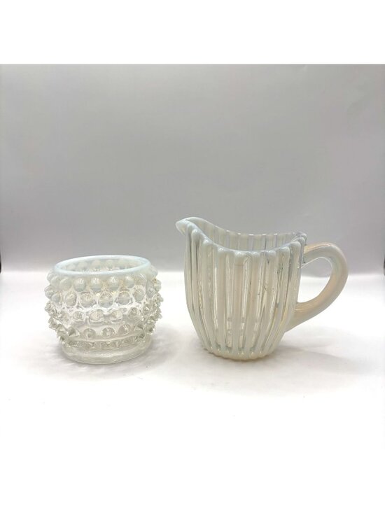 Vintage Other - Vintage Opalescent Glass Hobnail Sugar Bowl and Ribbed Creamer Set
